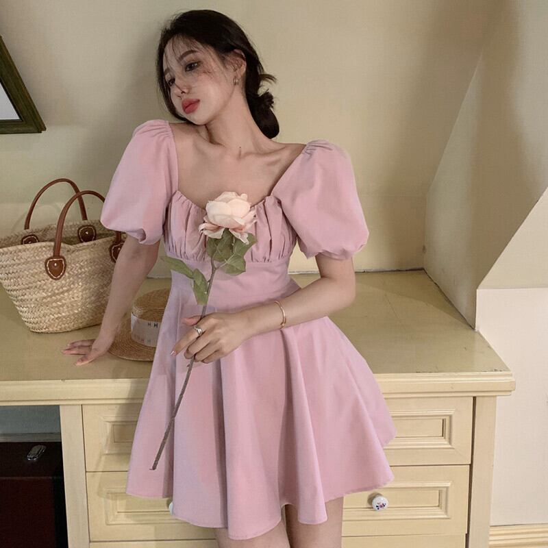 スタンダードカラーウェストスカート サマードレス スリーブAライン レトロ 大人ガーリー スウィート キュート カジュアル 夏物 スクウェア ガールズファッション38078731063