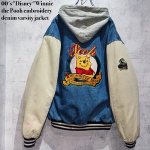 00's"Disney"Winnie the Pooh embroidery denim varsity jacket