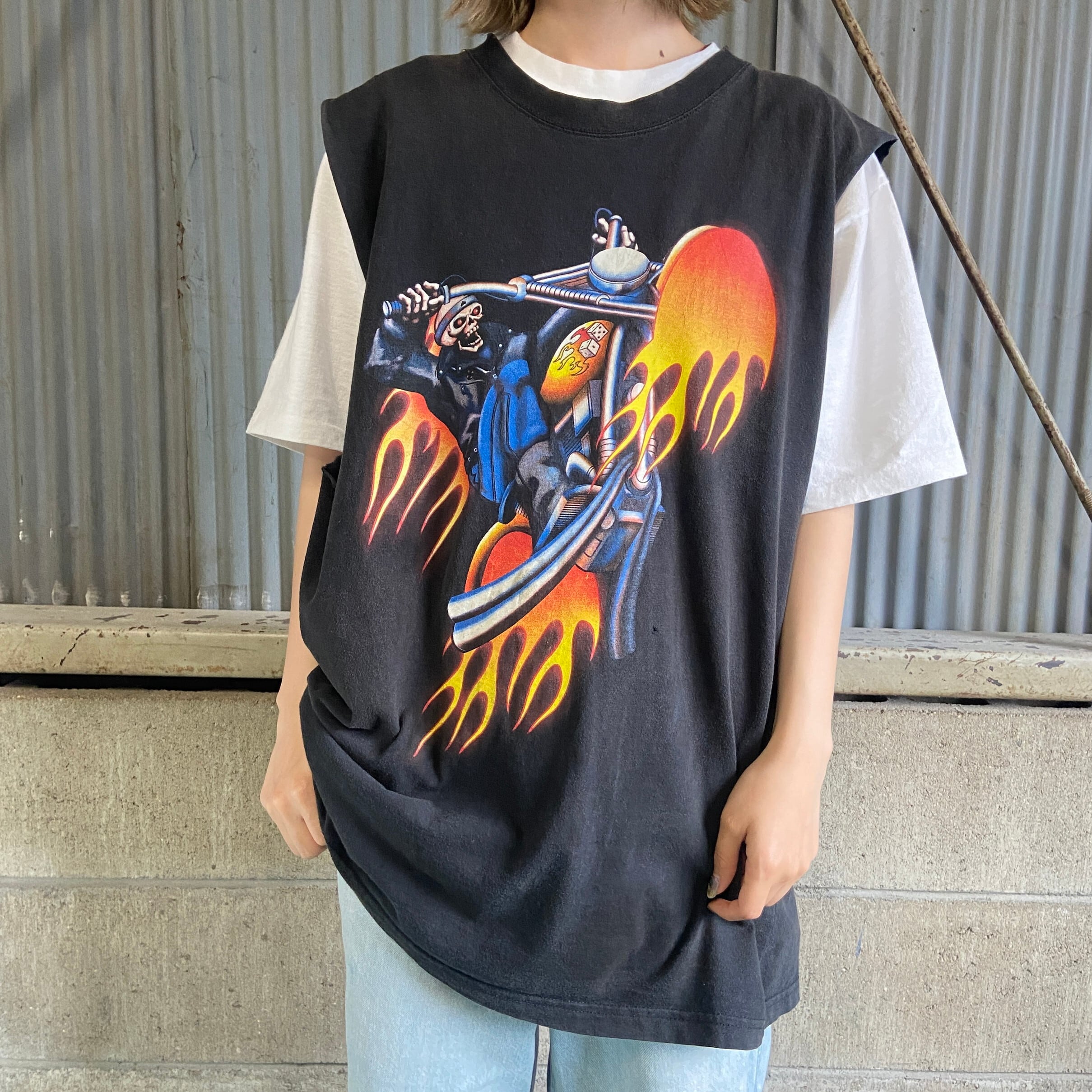 UNKNOWN 漢字 両面プリント カットオフ ノースリーブ プリントTシャツ メンズS /eaa362545