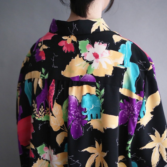 "動物×花" colorful art pattern super big box silhouette h/s shirt