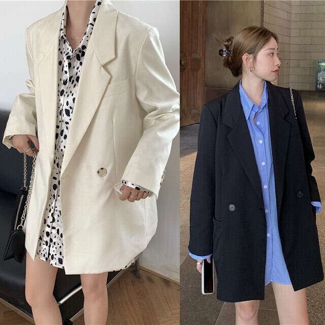 ジャケット レディース ルーズフィット オーバーシルエット ミドルレングス ブラック/ホワイト ワンサイズ