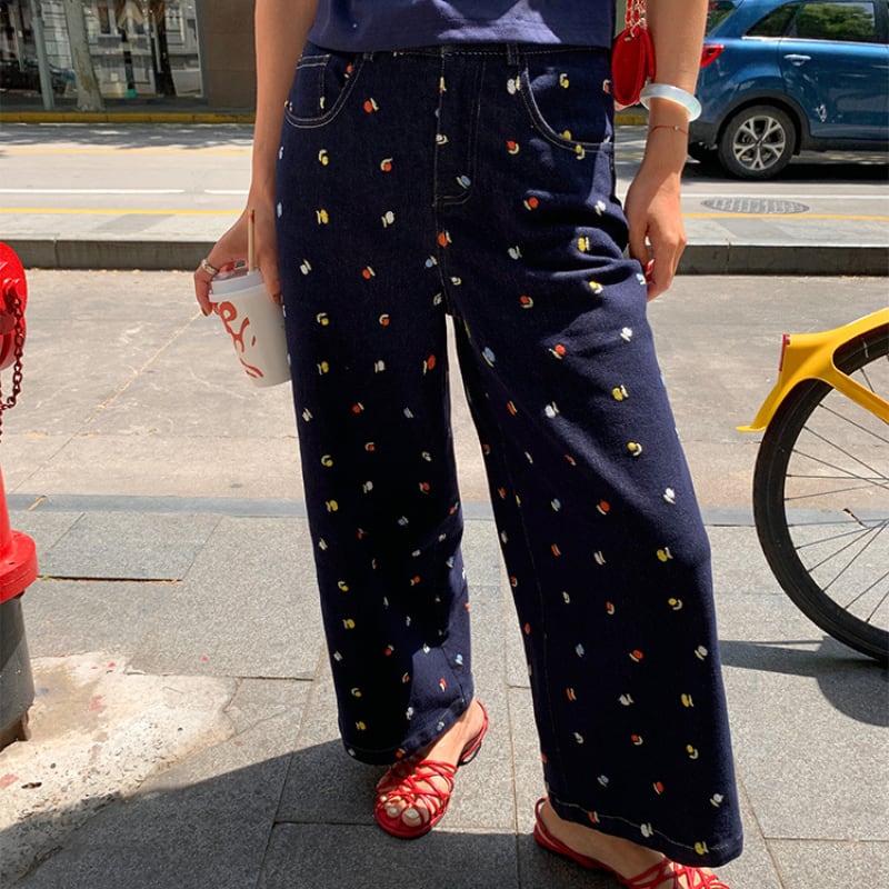 Embroidered high-waist wide denim 00372