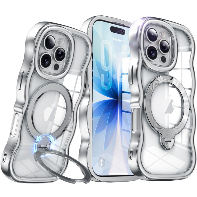 【大波型メッキフレーム・360°回転無制限】 iPhone 16 Pro 用 ケース アイフォン16プロ 対応【縦横スタンド・Magsafe一体】 角度調整可能 ストラップホール付き 耐衝撃 黄ばみゼロ マグネット吸着 ワイヤレス充電対応 グリップ感向上 リング 薄型 軽量 透明 いPhone16プロ 用 ケース 6.3インチ