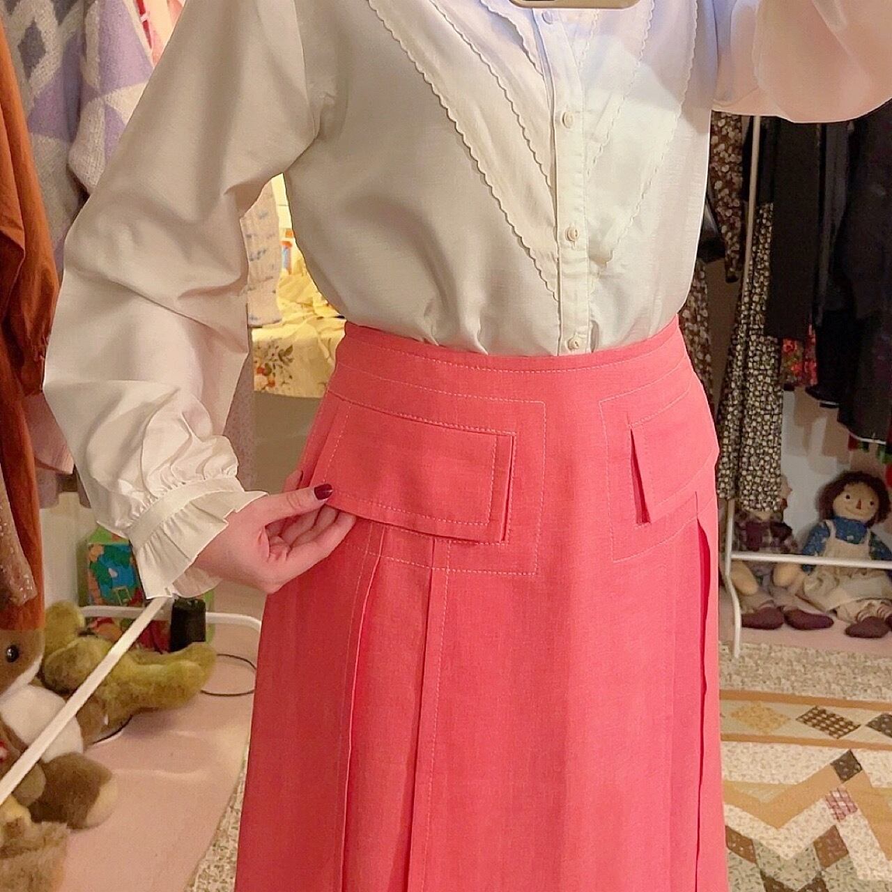 vivid pink white stitch tuck skirt