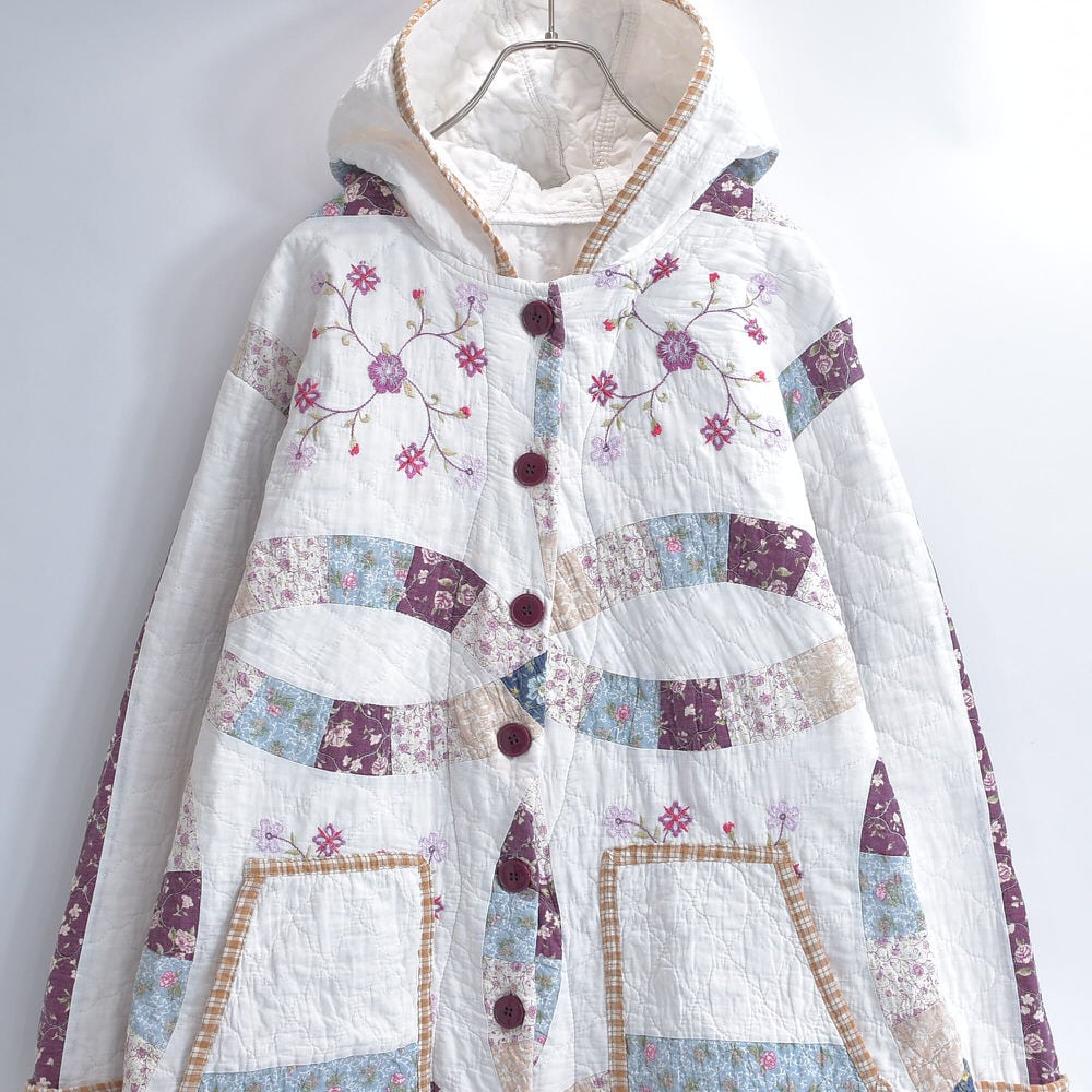 Remake リメイク ヴィンテージ  パッチワークキルト ハンドメイド ロングコート ダブルウェディング 刺繍 再構築 花柄 ビンテージ ユニセックスサイズ レディースL~XL相当