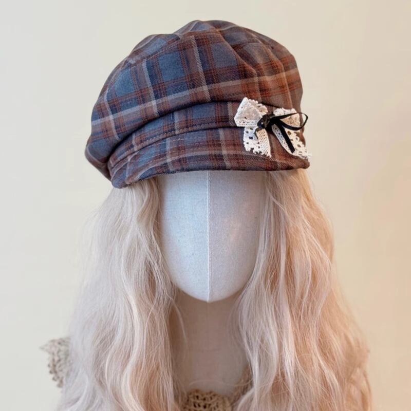 チェック柄ポイントレースリボンキャスケット W1450