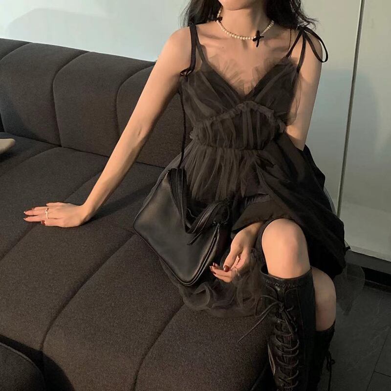 ドレス メッシュショートスカート スプリングスタンダード レトロ 春物 ステッチ ブラックストロベリース89057598253