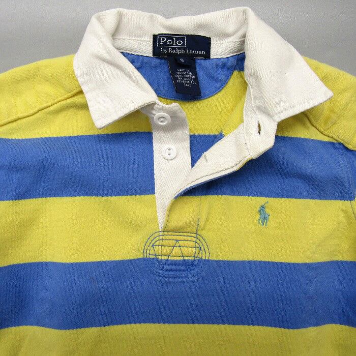 古着 キッズ ラルフローレン Polo Ralph Lauren ラガーシャツ 長袖ポロシャツ ボーダー イエロー サックスブルー サイズ表記：5　 gd80170