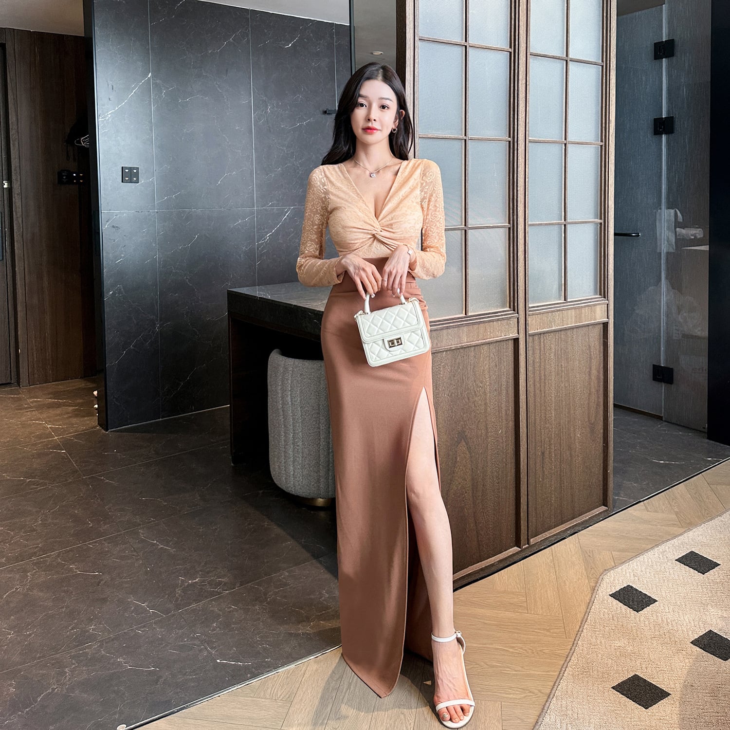 ロングドレス キャバドレス セクシー Vネック スリット 上品 レース