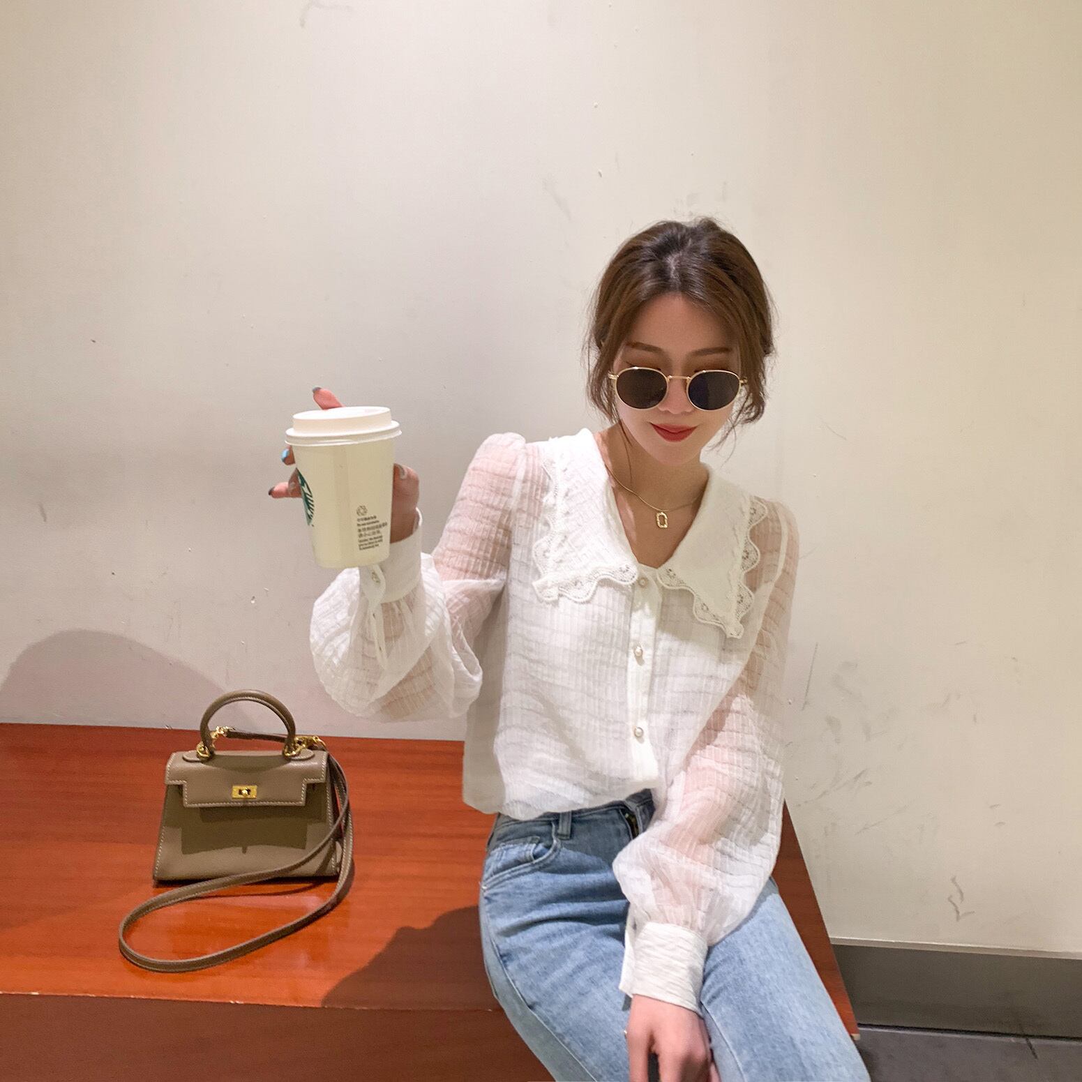 スプリングレースカラーホワイトシャツ 大人ガーリー スウィート キュート カジュアル 春物 ステッチ 6Du_Shop_Women68064698144