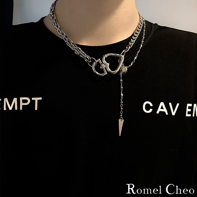 お支払い確認後日以内発送 Romelcheo D ハート ネックレス 2連 チェーン チョーカー アクセサリー メンズ レディース ペンダント チャーム 韓国 ファッション ストリート系 原宿系 Hiphop ロック パンク 病みかわ カジュアル 男女兼用 ロメルチェオ Romelcheo