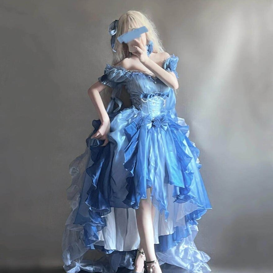 【り】ロリータドレス　水色　Mサイズ スイートロリィタ オフショルダーロングテールドレス 2カラー