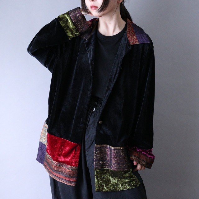 velours base multi fabric switching design over silhouette shirt jacket