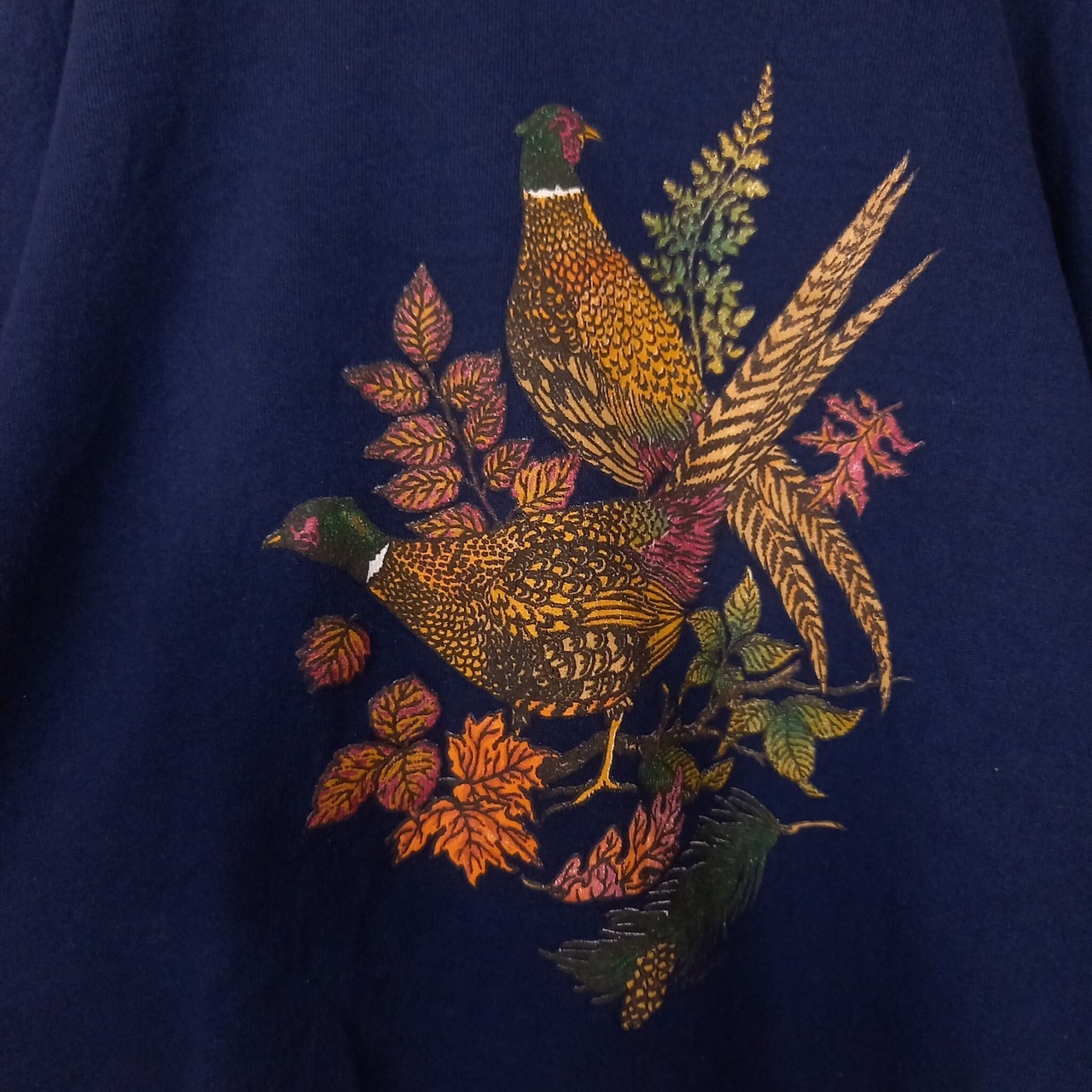 90s　アメリカ製　ハイネック　スウェット　トレーナー　アニマル柄　プリント　ネイビー　L