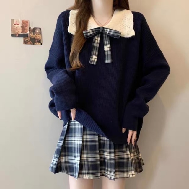 ガーリー♡チェック柄リボンニット×プリーツスカート　E1591