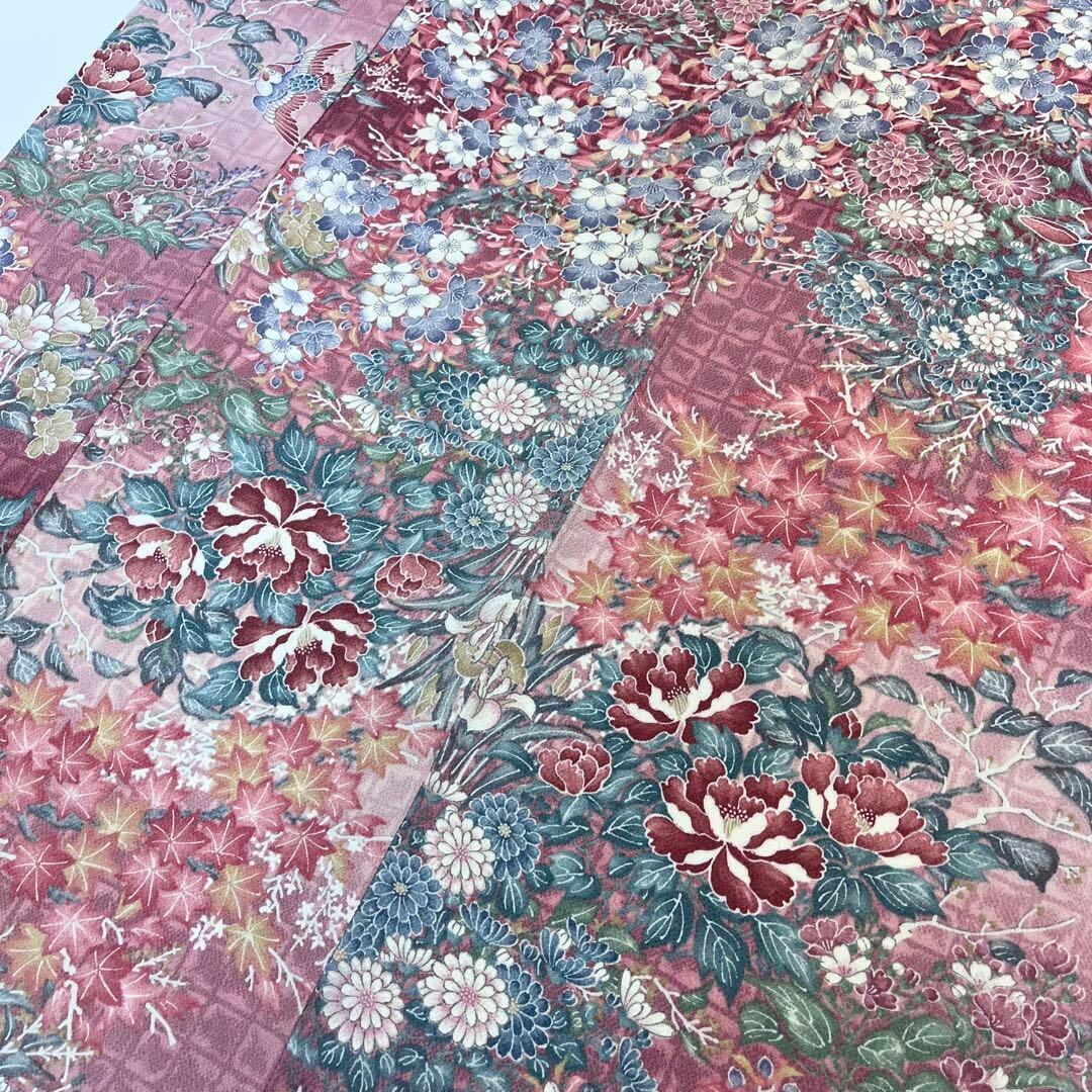 小紋 四季の鮮やかな花柄模様 鳥 縮緬 紅鶸色 しつけ糸 K-3860  