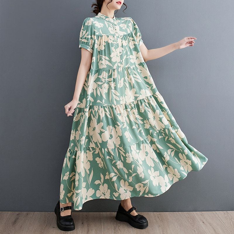 FLORAL PRINT TIERED LOOSE MAXI DRESS M-17683