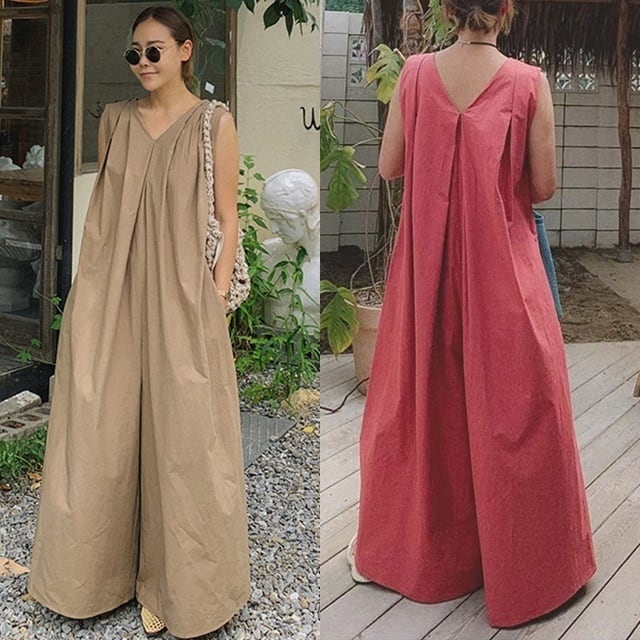 【予約販売】オールインワン レディース レース  ロング丈 ノースリーブ ピンク ベージュ ワイドパンツ  体型カバー ゆったり こなれ感 大人可愛い  きれいめ  楽ちん  エレガント おしゃれ  旅行  韓国  春 夏 トレンド秋 トレンド フリー