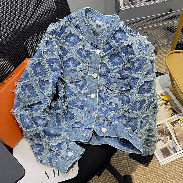 スターモチーフ シャギーアレンジ ノーカラーデニムジャケット CT00092