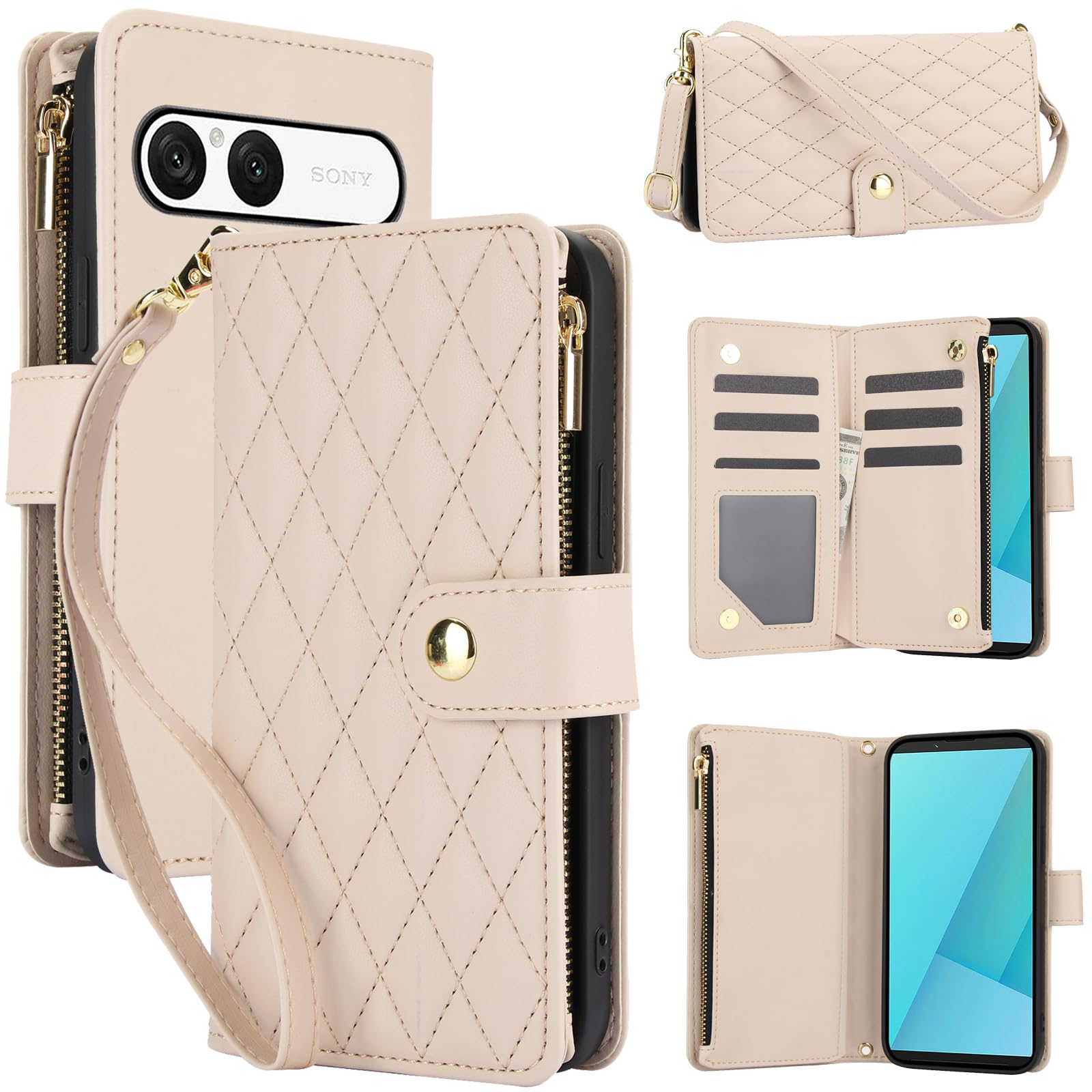 TOO&SOO エクスペリア 10 VII 対応 手帳型 スマホケース 肩掛け 斜め掛け 刺繍 ショルダーケース 調節可能 ストラップ付き 女性向け カバー 持ちやすく 片付けやすい 小銭入れ カード収納 スタンド機能 アプリコット