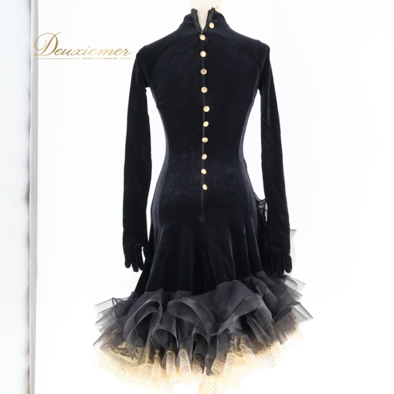 社交ダンス 衣装 ラテン ドレス ワンピース ヤナギダダンスウェア YANAGIDADANCEWEAR フリル ベロア アームカバー 手袋 おしゃれ 高級感 デモ 競技 ダンス パーティ 発表会 金 黒 ブラック系 ゴールド系 フリルデザイン 高級ドレス 可愛いドレス ダンスパフォーマンス ラテン衣装 衣装レンタル 競技用ドレス デモ用ドレス ショー用衣装