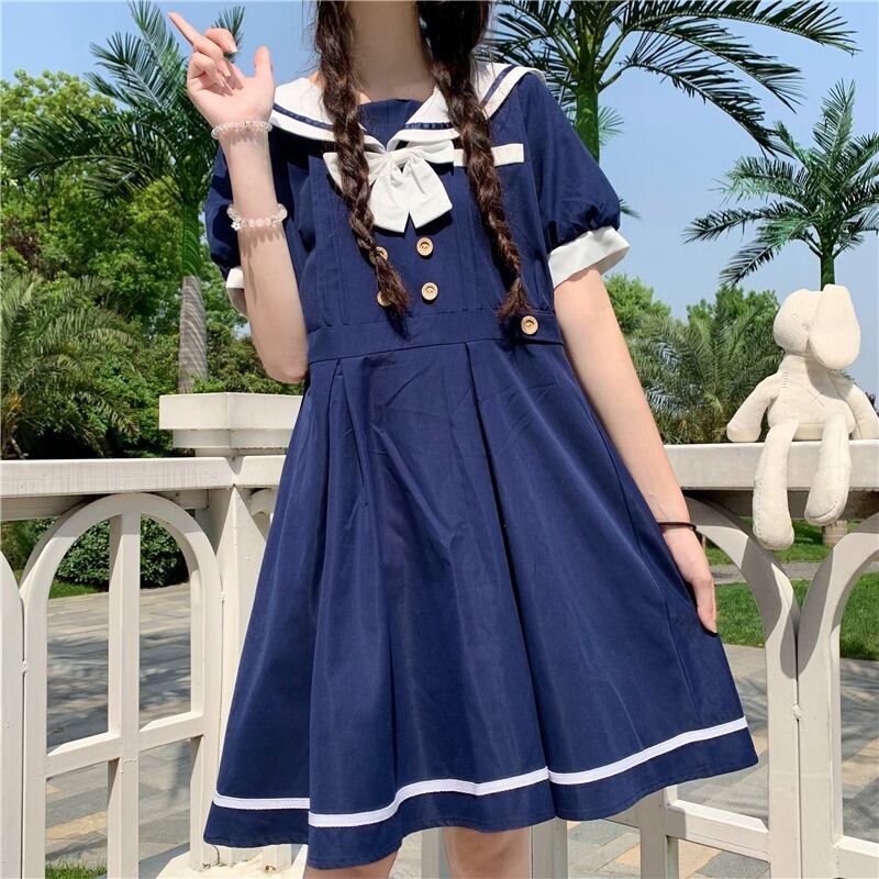 スタイルネイビーカラードレス サマーウェストスリーブスカート リボン 大人ガーリー スウィート キュート カジュアル 夏物 萌量不足38417903532