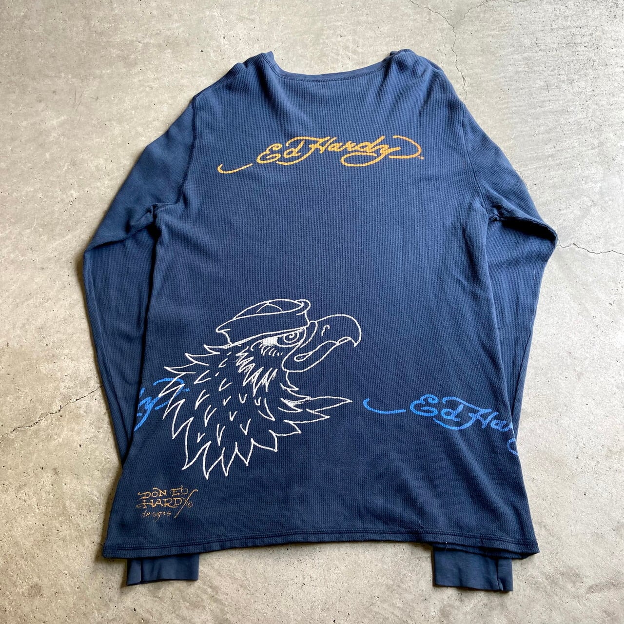 Ed Hardy エドハーディ ロゴプリント グラフィック サーマル ロングTシャツ メンズL相当 古着 袖プリント タトゥー ワッフル地 ロンT  ネイビー 紺色【ロングTシャツ】【CS2211-50】 | cave 古着屋【公式】古着通販サイト