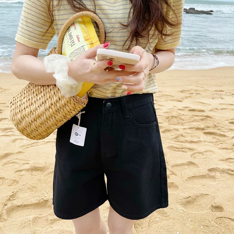 薄手ブラックジーンズ ハイウェストウェストパンツ スプリングサマーショーツ レディース 春物 夏物 ブルマー ビッグFスモールZ韓国63659475304