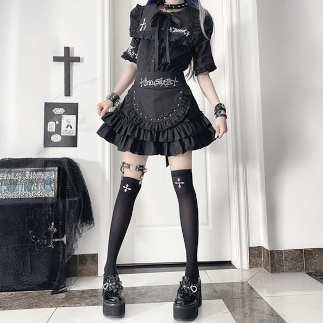 ブラックフリルエプロンデザイン ハイウエストゴシックスカート(lli_6771)