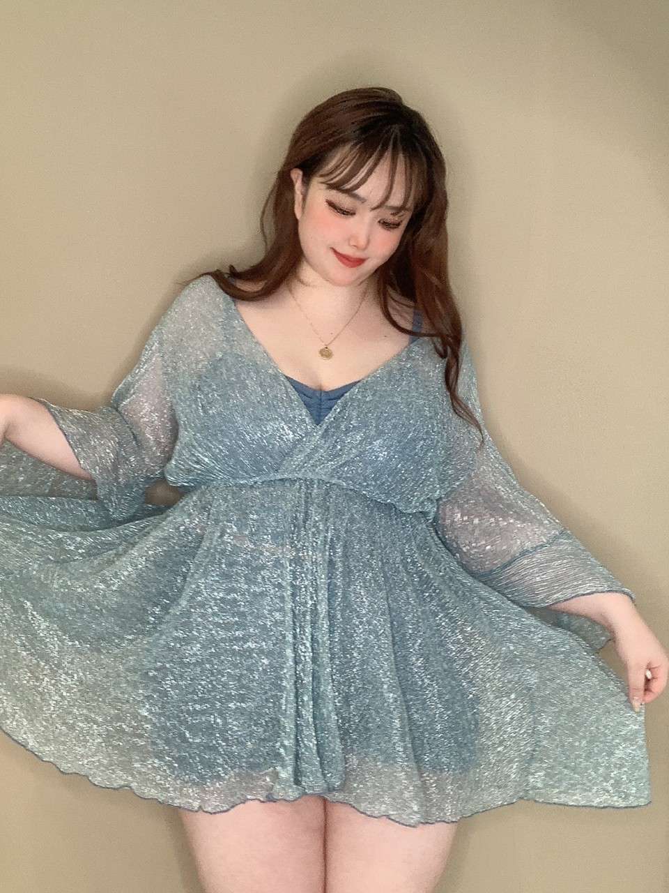 水着 スイムウェア キャミソール シースルー 長袖 フリル オーロラカラー 体型カバー 大きいサイズ 韓国 CH1063