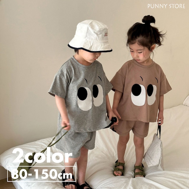 《取寄》キョロっとTシャツセットアップ （全２色） QQMM 2024夏 韓国子供服 目 目玉 eye キョロちゃん 半袖 上下セット リンクコーデ