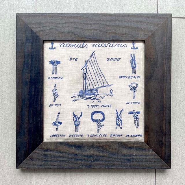 刺繍　額もの　ヨットの刺繍　青糸　青フレーム　 12otdg45-2