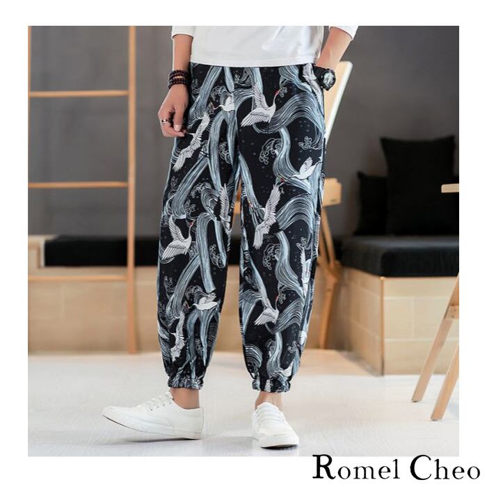 RomelCheo イージー パンツ ジョガー 和柄 和風 モダン 鶴柄 波 RomelCheo イージー パンツ ジョガー 和柄 和風 モダン 鶴柄 波
