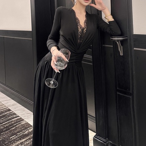 レースVネックタックコンビワンピ ・13393