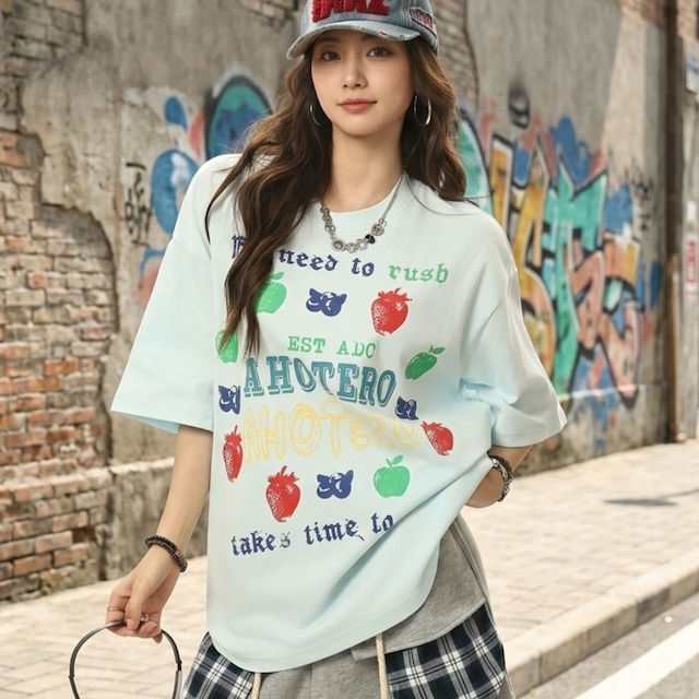 フルーツレタープリントルーズフォルムTシャツ 2col R02073