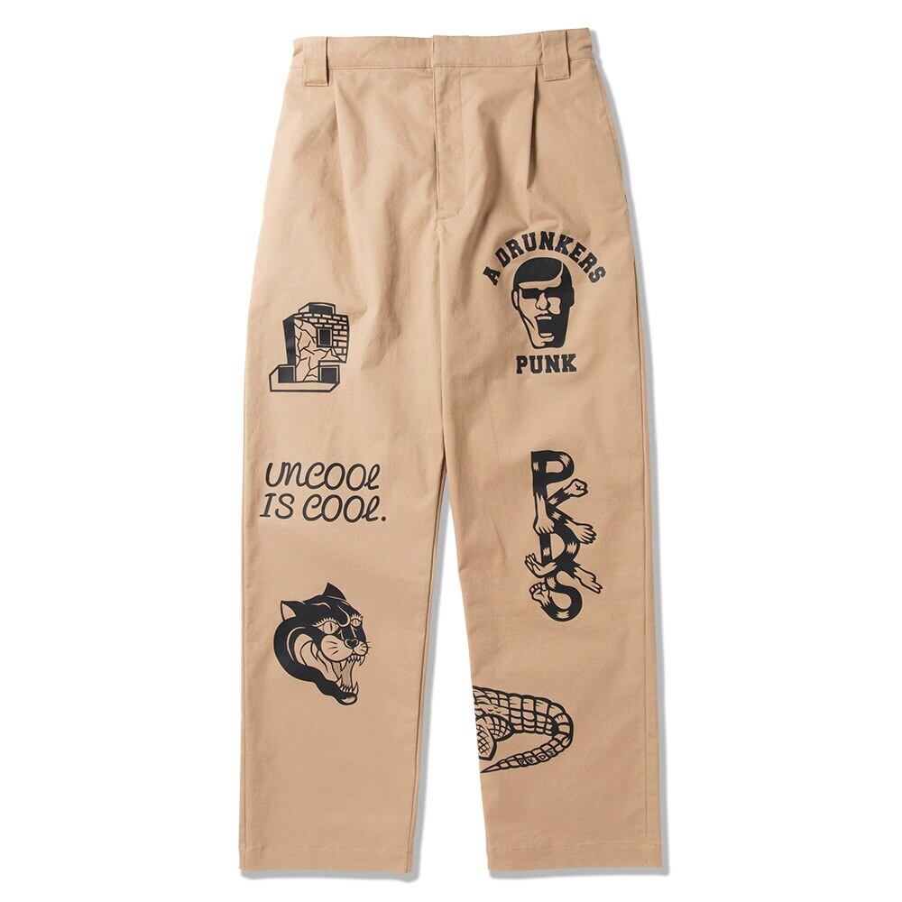 PUNK DRUNKERS】パンクドランカーズ プリントいっぱいチノパン (BEIGE