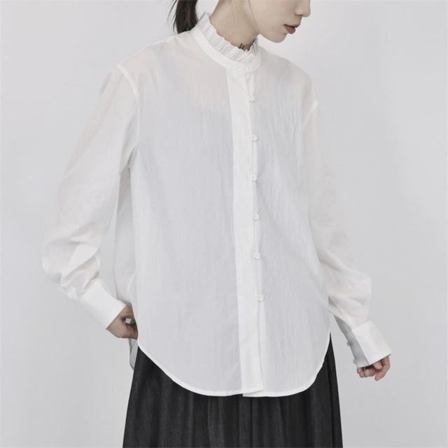 Frill stand collar round hem long sleeve shirt【2color】 C1122