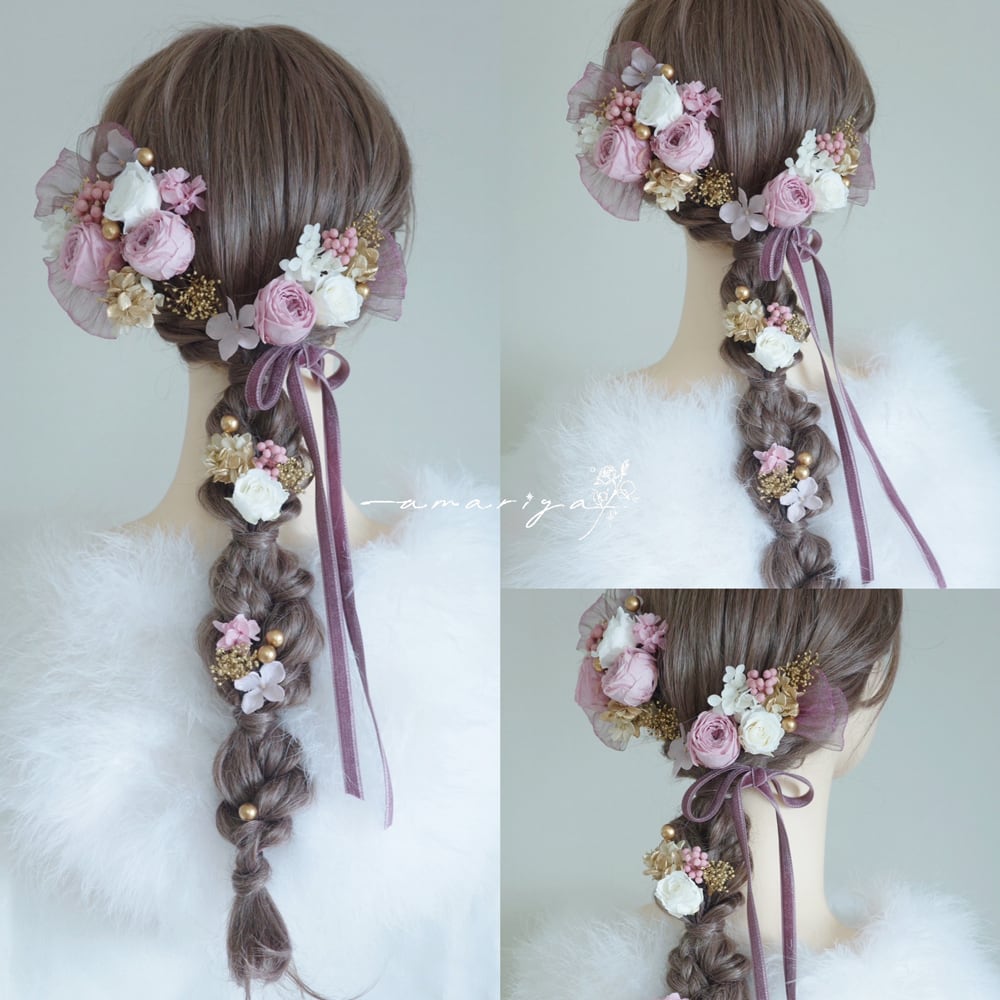 髪飾りプリザーブドローズ くすみパープルベルベットリボン