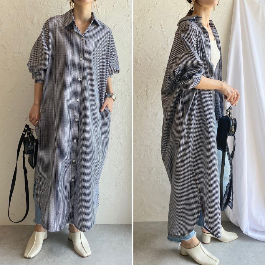 即納 ギンガムチェック ロングシャツワンピース Op T5 She S Closet