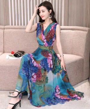 ★送料無料★XL(13号位)☆絵画風ミモレ丈フレア－ワンピ－ス(OPN5895) 