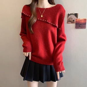 パールディテールアシメネックニットトップス ・73631 パールディテールアシメネックニットトップス ・73631