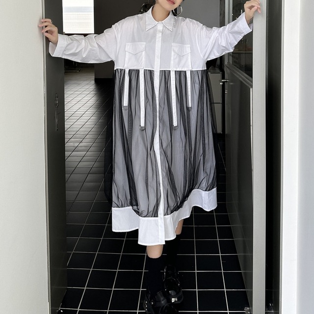 Long Sleeve Color Block Shirt Dress 01080