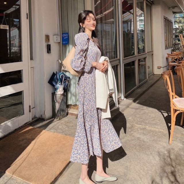 ワンピース レディース ドレス ひざ下 ミモレ丈 マーメイド 膝下丈 袖あり 花柄 スリット スクエアネック パワーショルダー フリル リボン ボウタイ長袖 萌袖 Vネック ハイウエスト 襟なし かわいい 可愛い 大人可愛い フォーマル おしゃれ お洒落 キュート 個性的 主役級 存在感 無地 春 夏 秋 冬 誕生日 パーティー ガーデン 10代 20代 30代 女性用 学生 通学 デート お出かけ 女子会 休日 イベント リゾート 旅行 着回し 重ね着 お揃い 双子 韓国 ワンサイズ ブルー