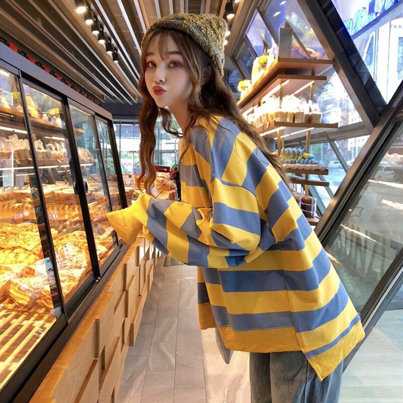セーターの女性2020年秋冬新バージョンのフロントショートバックロングルーズラウンドネックプルオーバーストライプ長袖トップインタイド 萌量不足3047611138