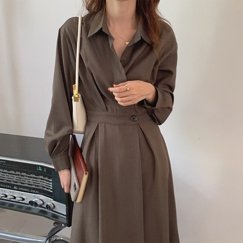 ワンピース カジュアル 長袖 レトロ 気質満点 シャツワンピース コーヒー色 グリーン ブラック Dresszone