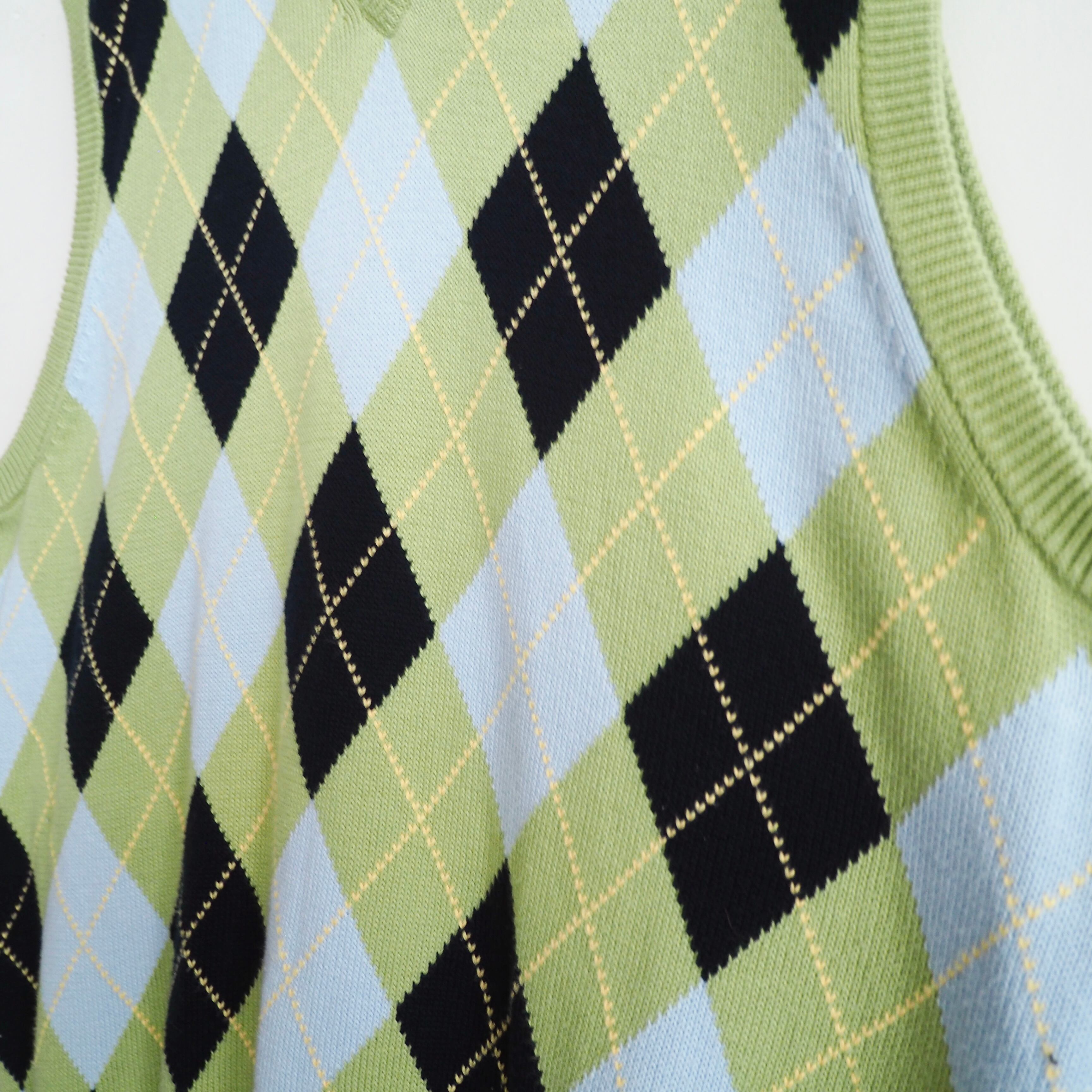 ” Brooks Brothers ” light green × yellow stitch argyle check pattern knit vest