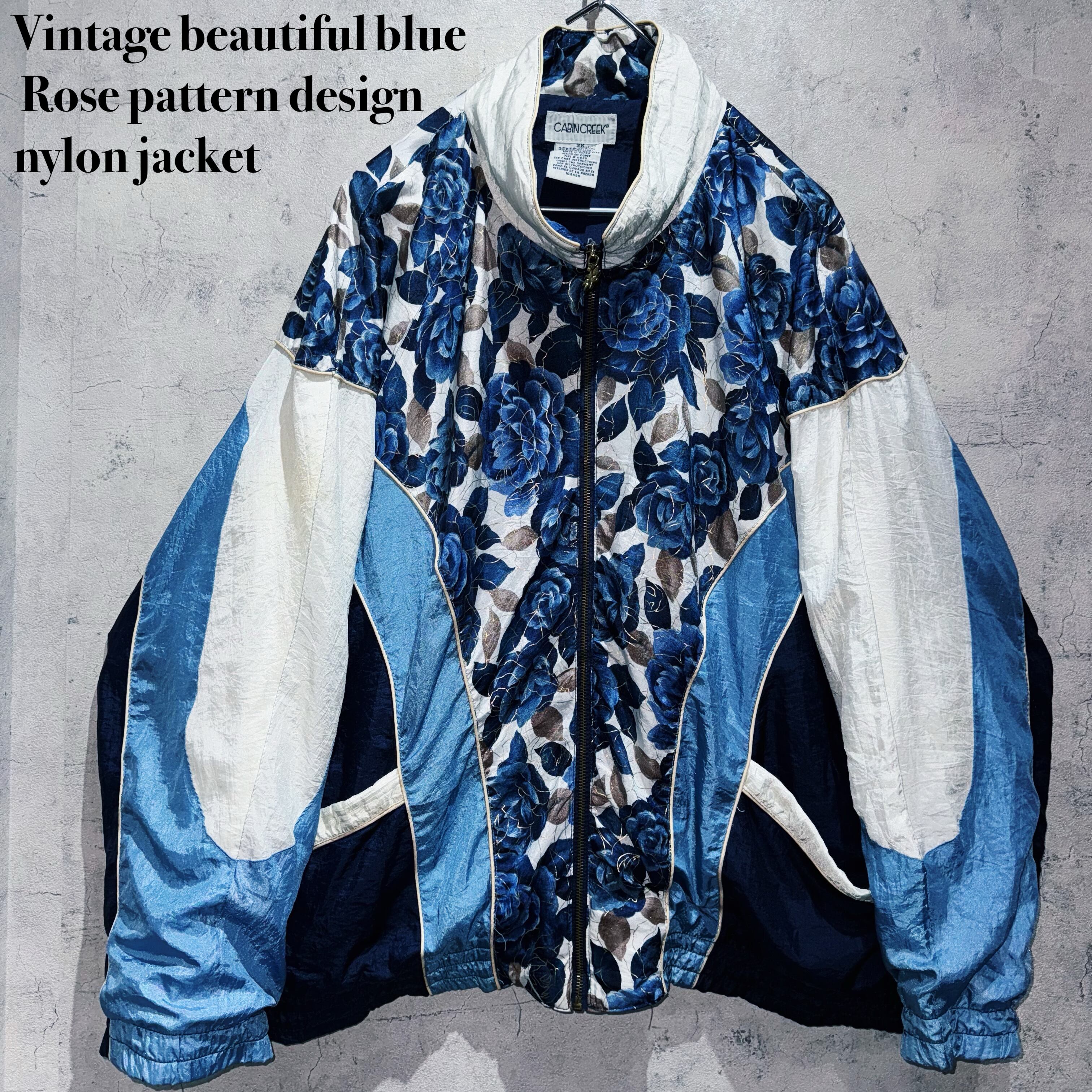 Vintage beautiful blue Rose pattern design nylon jacket