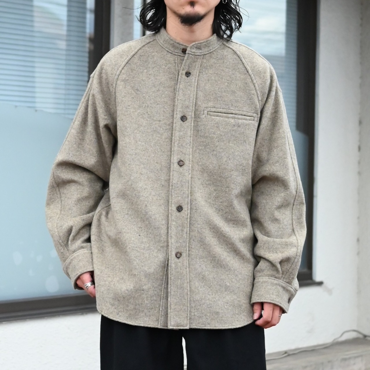 山内(ヤマウチ)、ウォッシュドウールリネンツイル・ツナギパンツ、ウールシャギー・スタンドカラーシャツジャケット