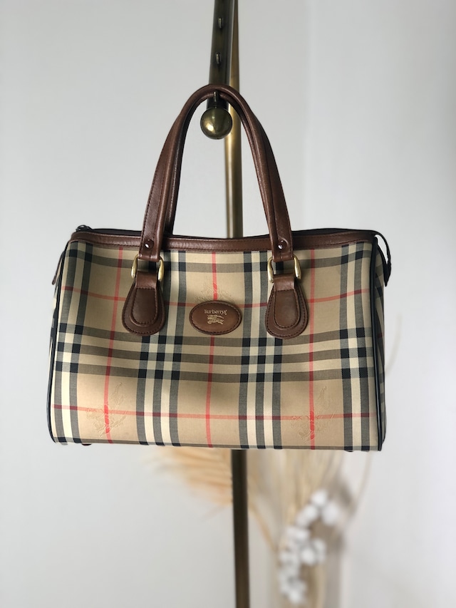 BURBERRY バーバリー クラシックチェック ハンドバッグ ベージュ×ブラウン キャンバス×レザー ボストンバッグ vintage ヴィンテージ オールド 4b8ige