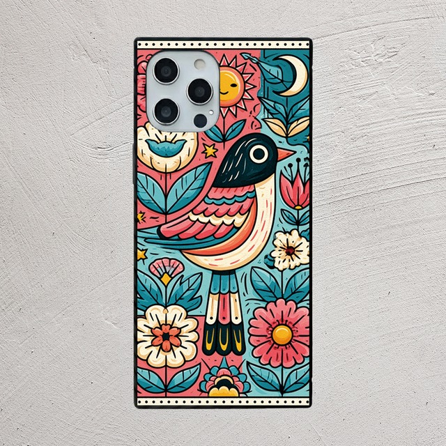 受注生産 iPhoneケース 鳥と花のサイケ民芸柄｜鳥モチーフ PSYF062B